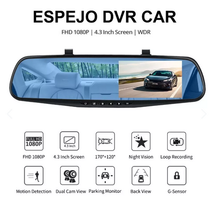 📸 Espejo con Cámara Grabadora DVR 4.3" 1080P Full HD - ¡Protege tu auto y captura cada detalle! 🚨